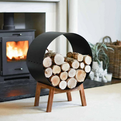 Black Round Steel  Barrel  Log Holder With Wooden Legs - image 1