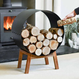 Black Round Steel  Barrel  Log Holder With Wooden Legs - thumbnail 6