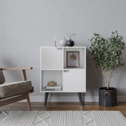 Urbn-Living Urbnliving 80Cm Height White 4 Cube With White 2 Wooden Door Bookcase With Black Legs Shelves - thumbnail 1