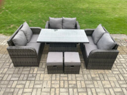 Fimous Rattan Garden Outdoor Furniture 3 Pc Love Sofa Set Patio Adjustable Rising Lifting Dining Table With Small Footstools - thumbnail 2