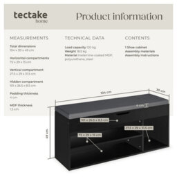 Tectake Shoe Rack Natalya - 4 Storage Spaces, Bench Seat Cushion, For 9 Pairs Of Shoes - 104 Cm - Black - thumbnail 6