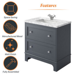 Plum&clay Beckett Blue Grey Floor Standing Traditional Bathroom Vanity Unit & Basin (W)800mm (H)850mm - thumbnail 7
