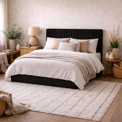Wyld Haus Dublin 5Ft King Ottoman Bed Black Velvet Tall Ribbed Headboard - image 1