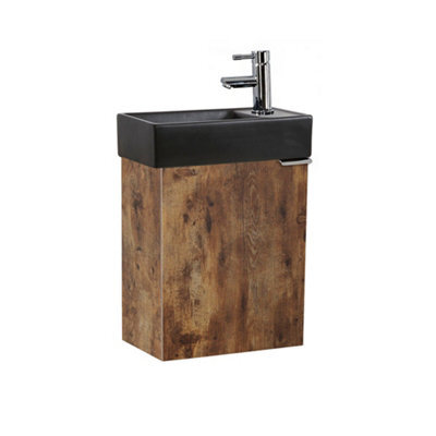 Homestylestore 400mm Dark Oak Wall Hung Bathroom Vanity Unit Black Basin And Chrome Finger Pull Handle - image 1