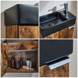Homestylestore 400mm Dark Oak Wall Hung Bathroom Vanity Unit Black Basin And Chrome Finger Pull Handle - thumbnail 2