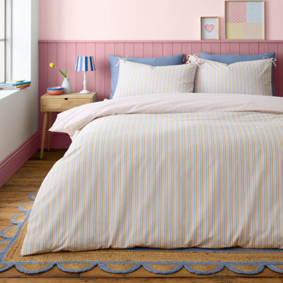 Catherine Lansfield Brighton Stripe Bow Trim Single Duvet Cover Set With Pillowcase Pastel - image 1
