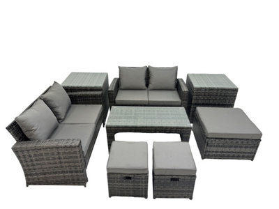Fimous Outdoor Love Sofa Set 7 Seat Rattan Garden Furniture Set With Oblong Coffee Table 3 Footstools 2 Side Table Dark Grey Mixed - image 1