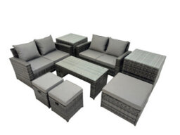 Fimous Outdoor Love Sofa Set 7 Seat Rattan Garden Furniture Set With Oblong Coffee Table 3 Footstools 2 Side Table Dark Grey Mixed - thumbnail 2