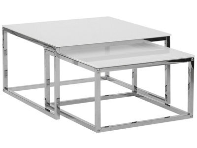 Beliani Nest Of 2 Coffee Tables, White Tempered Glass Top, Silver Frame - image 1