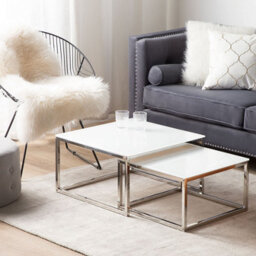 Beliani Nest Of 2 Coffee Tables, White Tempered Glass Top, Silver Frame - thumbnail 2