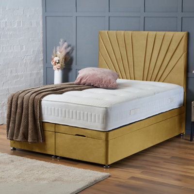 Bsspoke Mustard Velvet Ottoman Divan Bed 54Inch Headboard & 10Inch Memory Foam Mattress End Lift Up Storage Base In All Sizes - image 1