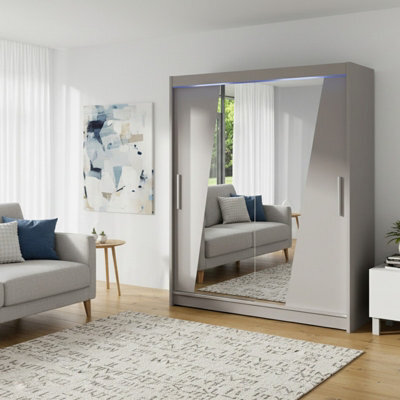 Westa Xiv 200Cm Sliding Door Wardrobe With Mirrors Modern Bedroom Storage With Hanging Rails And Shelves Cashmere Rgb Led Colorful - image 1