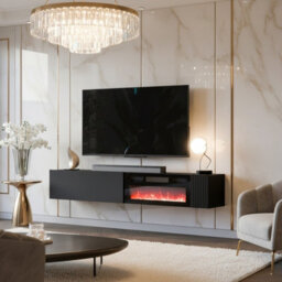 Modern Tv Cabinet Bamali 200X38X30 Cm Electric Fireplace Black Color Wall Mounted Unit With Heating Functionality - thumbnail 3