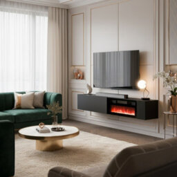 Modern Tv Cabinet Bamali 200X38X30 Cm Electric Fireplace Black Color Wall Mounted Unit With Heating Functionality - thumbnail 1