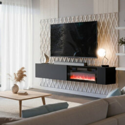 Modern Tv Cabinet Bamali 200X38X30 Cm Electric Fireplace Black Color Wall Mounted Unit With Heating Functionality - thumbnail 2