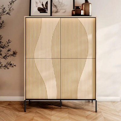 Arte Flow 2 Highboard Cabinet 112Cm - Oak Vincenza & Black Modern Tall Storage With Led Lighting - image 1