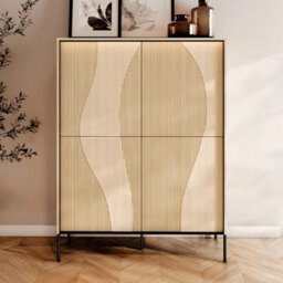 Arte Flow 2 Highboard Cabinet 112Cm - Oak Vincenza & Black Modern Tall Storage With Led Lighting