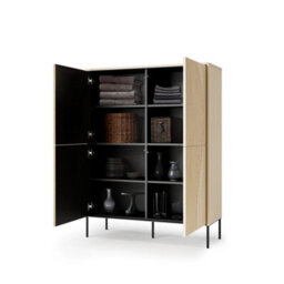 Arte Flow 2 Highboard Cabinet 112Cm - Oak Vincenza & Black Modern Tall Storage With Led Lighting - thumbnail 4
