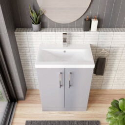 Balterley Level Modern Bathroom Floor Standing 2 Door Vanity & Mid-Edge Ceramic Basin, Satin Grey, 600mm - thumbnail 3