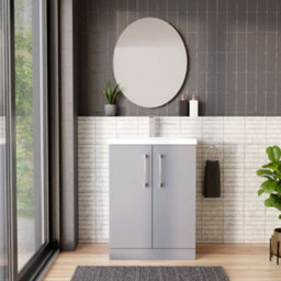 Balterley Level Modern Bathroom Floor Standing 2 Door Vanity & Mid-Edge Ceramic Basin, Satin Grey, 600mm - thumbnail 2