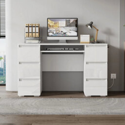 White Dressing Table High Gloss Vanity Makeup Pc Desk 6 Drawers Storage W Socket - thumbnail 1