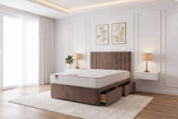 "Knight Sleep Sarah Mocca Plush Bed Set With Mattress, 2 Drawers Same Side & 24""headboard, 5Ft - King Size" - thumbnail 1