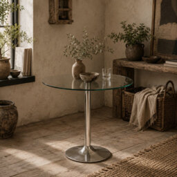 Wyld Haus Diliha 70Cm Round Tempered Glass Dining Table With Polished Steel Base For Compact Spaces - thumbnail 2
