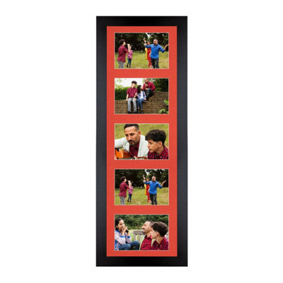 AK Frames 26X8 Black Sleek Multi Photo Frame With Poppy Red Mount - Holds 5 Apertures (5X) 6X4 Photos - image 1