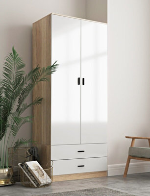 Urbn-Living Urbnliving Height 180Cm Glossy Oak Carcass & White Drawers Tall 2 Door Wardrobe Bedroom Storage Hanging Rail Modern Furniture - image 1