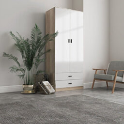 Urbn-Living Urbnliving Height 180Cm Glossy Oak Carcass & White Drawers Tall 2 Door Wardrobe Bedroom Storage Hanging Rail Modern Furniture - thumbnail 3