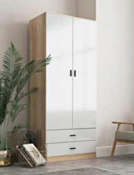 Urbn-Living Urbnliving Height 180Cm Glossy Oak Carcass & White Drawers Tall 2 Door Wardrobe Bedroom Storage Hanging Rail Modern Furniture - thumbnail 2