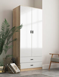 Urbn-Living Urbnliving Height 180Cm Glossy Oak Carcass & White Drawers Tall 2 Door Wardrobe Bedroom Storage Hanging Rail Modern Furniture
