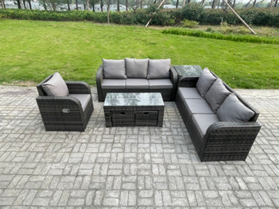 Fimous 9 Seater Outdoor Lounge Sofa Set Rattan Garden Furniture Set With Rectangular Coffee Table Footstools 3 Seater Sofa - image 1