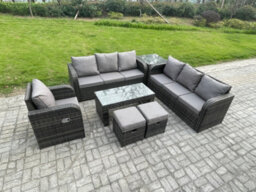 Fimous 9 Seater Outdoor Lounge Sofa Set Rattan Garden Furniture Set With Rectangular Coffee Table Footstools 3 Seater Sofa - thumbnail 2
