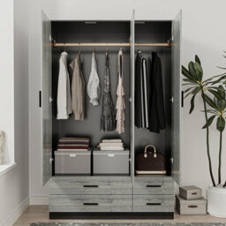 Urbn-Living Urbnliving 180Cm Height Ash Grey 3 Door 4 Drawer Wardrobe Storage Shelf Modern Bedroom Black Furniture - thumbnail 4