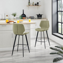 Furniturebox Uk 2X Counter Stools - Nyla Light Sage Green Fabric Upholstered Dining Chair Black Metal Legs - Kitchen Furniture