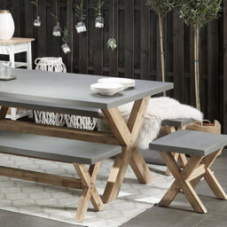 Beliani Acacia Wood Co Outdoor Garden Stool - Grey Fibre Cement Seat, Compact Outdoor Seating - thumbnail 2