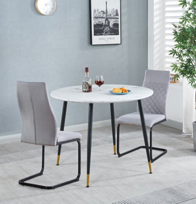 Hallowood Furniture Finley Small Round Dining Table In White Marble Finish With 2 High Back Light Grey Fabric Chairs - image 1
