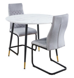 Hallowood Furniture Finley Small Round Dining Table In White Marble Finish With 2 High Back Light Grey Fabric Chairs - thumbnail 8