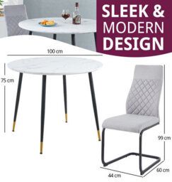 Hallowood Furniture Finley Small Round Dining Table In White Marble Finish With 2 High Back Light Grey Fabric Chairs - thumbnail 3