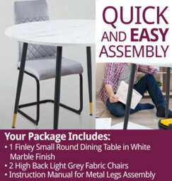 Hallowood Furniture Finley Small Round Dining Table In White Marble Finish With 2 High Back Light Grey Fabric Chairs - thumbnail 7