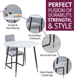 Hallowood Furniture Finley Small Round Dining Table In White Marble Finish With 2 High Back Light Grey Fabric Chairs - thumbnail 2