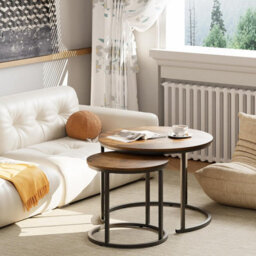 Huhote Two Piece Nesting Round Side Tables With Black Metal Frame And Brown Top Diameter 23.6 And 15.7 In Coffee Table End Table - thumbnail 4