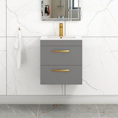 Royal Bathrooms Turin Indigo Grey Gloss 500mm Wall Hung Vanity Unit 2 Drawer With Minimalist Basin Sink & Brushed Brass Handles - image 1