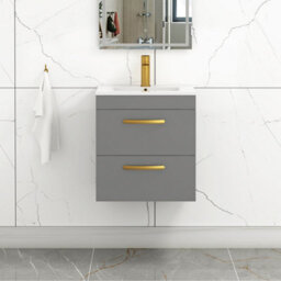 Royal Bathrooms Turin Indigo Grey Gloss 500mm Wall Hung Vanity Unit 2 Drawer With Minimalist Basin Sink & Brushed Brass Handles