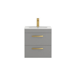 Royal Bathrooms Turin Indigo Grey Gloss 500mm Wall Hung Vanity Unit 2 Drawer With Minimalist Basin Sink & Brushed Brass Handles - thumbnail 6