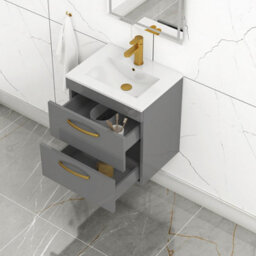 Royal Bathrooms Turin Indigo Grey Gloss 500mm Wall Hung Vanity Unit 2 Drawer With Minimalist Basin Sink & Brushed Brass Handles - thumbnail 3