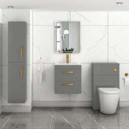 Royal Bathrooms Turin Indigo Grey Gloss 500mm Wall Hung Vanity Unit 2 Drawer With Minimalist Basin Sink & Brushed Brass Handles - thumbnail 2