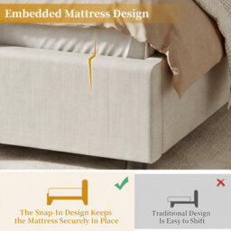 Btm 3Ft Kids Scalloped Upholstered Bed, Curved Headboard, Padded Platform Bed, Linen Beige - thumbnail 8