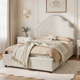 Btm 3Ft Kids Scalloped Upholstered Bed, Curved Headboard, Padded Platform Bed, Linen Beige - thumbnail 2